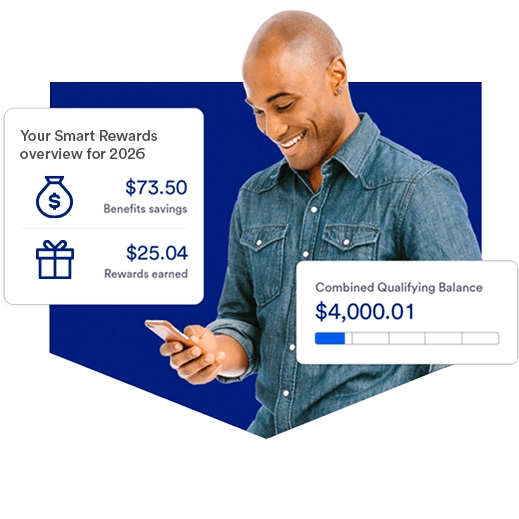  Person smiling viewing bank rewards earned