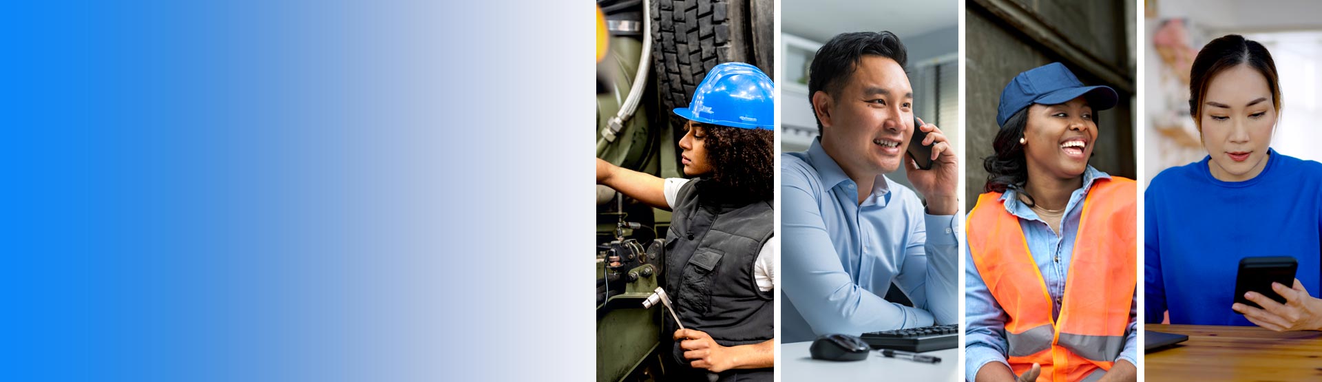 Collage of four professionals from different industries including construction, office, mechanic and retail.