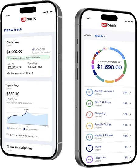 Screenshots of the U.S. Bank Mobile App showing a cash flow tracking screen and a monthly spending breakdown by category.