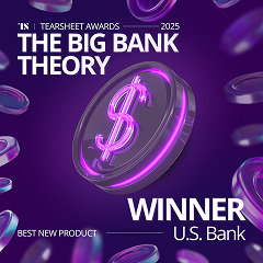 Tearsheet Awards 2025 ‘The Big Bank Theory’ winner badge for Best New Product, U.S. Bank.