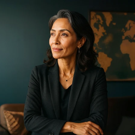 Woman sitting in her office in front of a wall that has a map of the globe hanging on it  