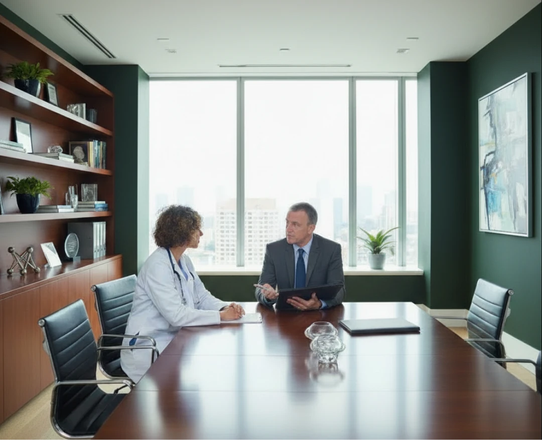 Doctor and financial planner talking in a baord room