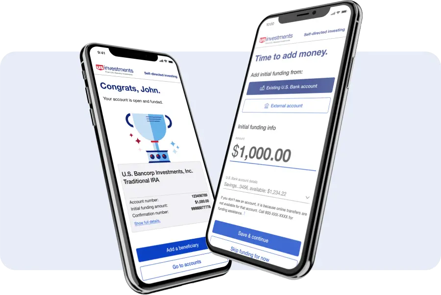 Two mobile phones displaying the U.S. Bank mobile app.