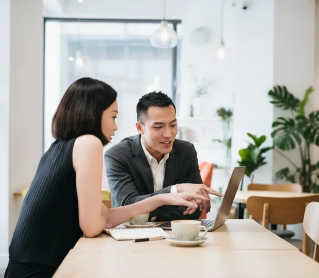 young couple pointing at laptop and discussing finances