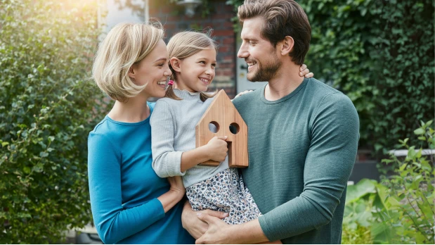 Younger parents and their daughter smiling