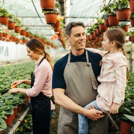 Young couple and daughter in greenhouse 