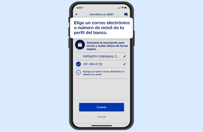 Inscríbete en Zelle - Ingresa información de contacto