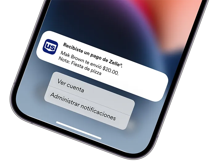 Notificación de cuenta de un pago recibido a través de Zelle que se ve en la aplicación móvil de U.S. Bank