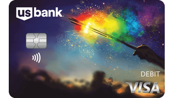 The U.S. Bank Debit Card with Pride design. It features a hand holding a sparkler trailing rainbow colors.