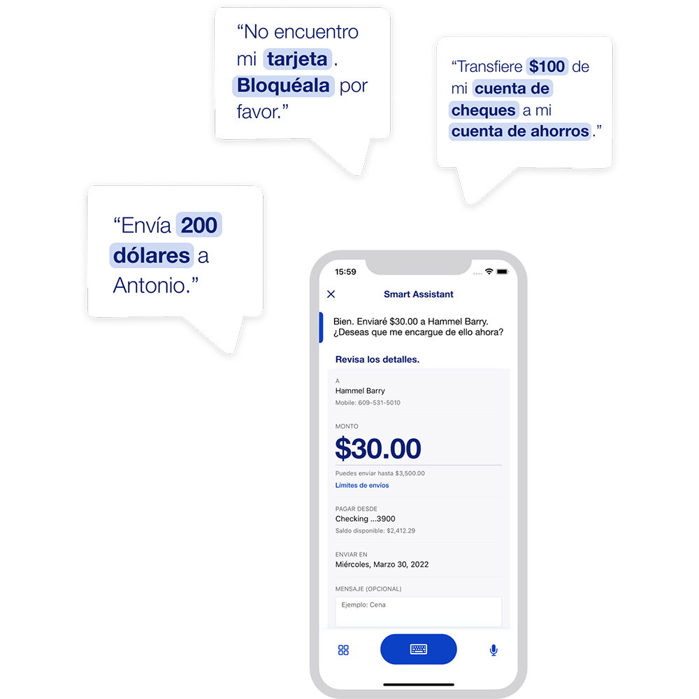 Imagen de globos de diálogo y pantalla de la aplicación mostrando ejemplos de tareas bancarias cotidianas
