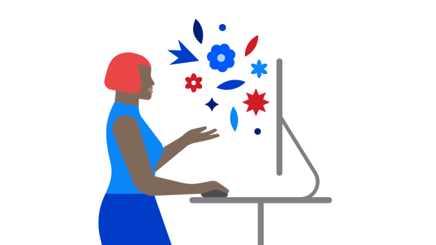 Illustrated woman using a computer.