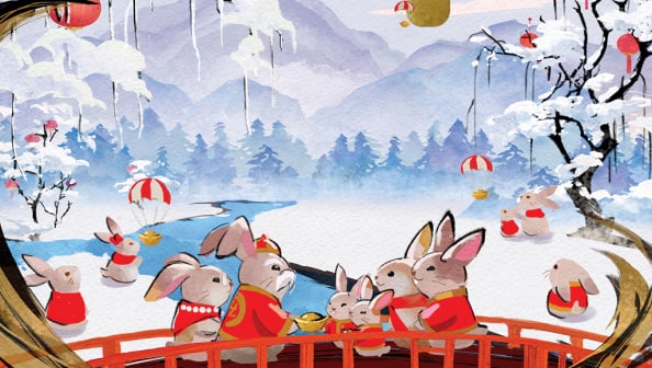 A snowy landscape with rabbits crossing a bridge in the foreground. January artwork from the 2023 Year of the Rabbit U.S. Bank calendar.