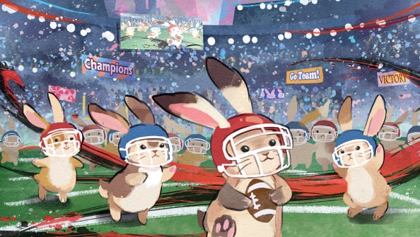 A bright and bustling stadium cheers on rabbits playing football. February artwork from the 2023 Year of the Rabbit U.S. Bank calendar.