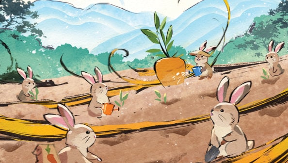 Rabbits tend to a garden's carrot patch. March artwork from the 2023 Year of the Rabbit U.S. Bank calendar.