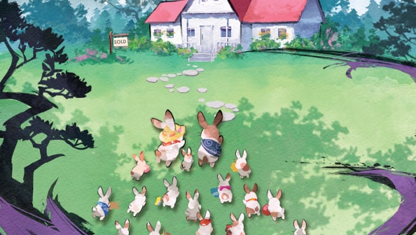 Illustrated rabbits flock to a home with a 'sold' sign out front. April artwork from the 2023 Year of the Rabbit U.S. Bank calendar.