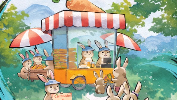 A mobile food cart selling carrot juice and carrot cakes to rabbits. May artwork from the 2023 Year of the Rabbit U.S. Bank calendar.
