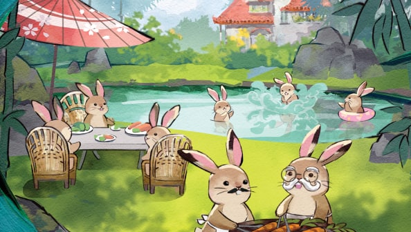 Rabbits enjoying a backyard summer cookout, complete with grilling and eating carrots and swimming in a pond. July artwork from the 2023 Year of the Rabbit U.S. Bank calendar.
