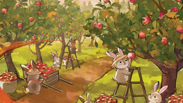 Rabbits apple-picking at an orchard. October artwork from the 2023 Year of the Rabbit U.S. Bank calendar.