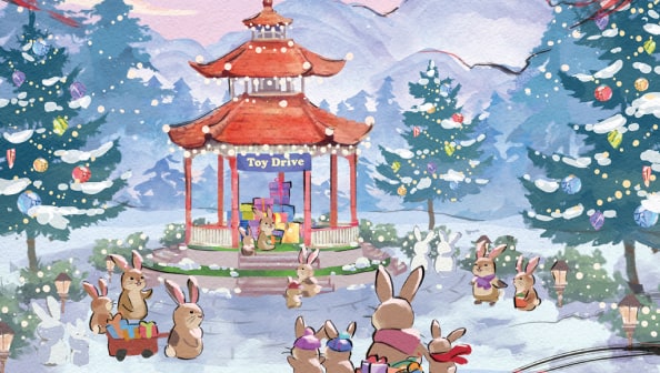 Rabbits dressed in scarves and hats bringing toy drive donations to a garden pagoda in a snowy holiday landscape. December artwork from the 2023 Year of the Rabbit U.S. Bank calendar.