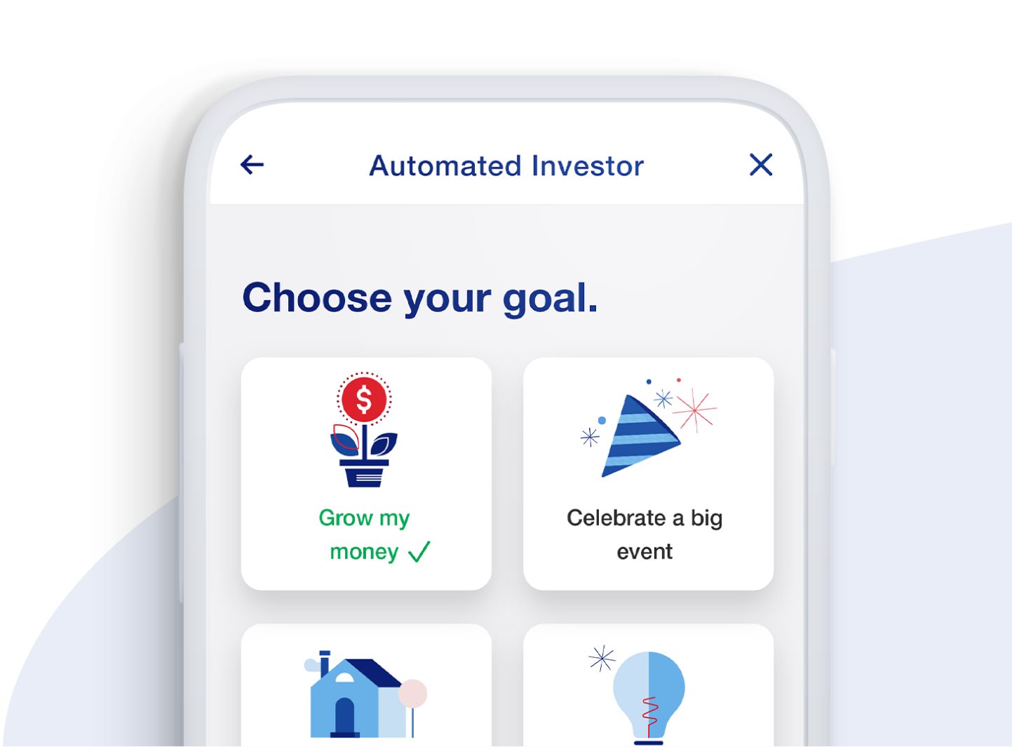 Cell phone screen showing how to choose a financial goal