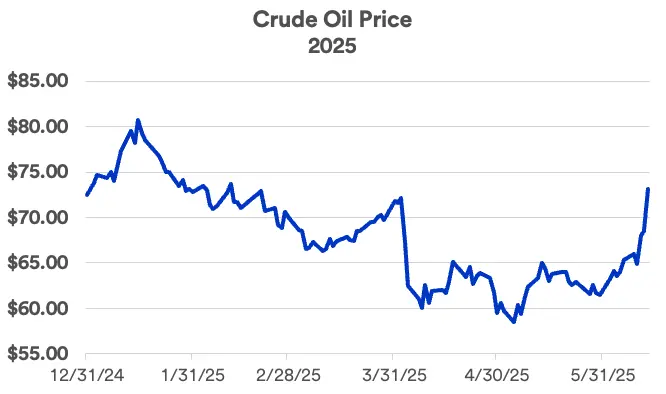 Chart depicts crude oil prices: 12/31/2024 - 5/31/2025.