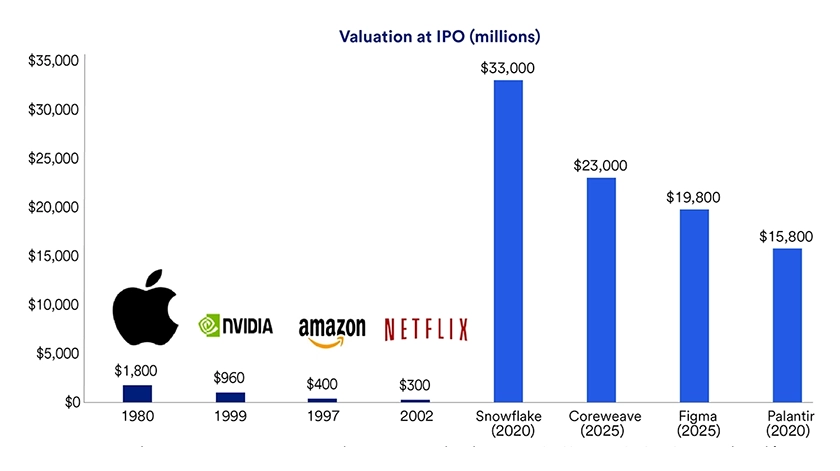 Chart shows the valuation of eight different companies at the time of their initial public offering.