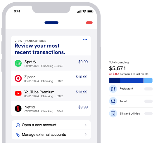 Mobile app view showing bills and transactions across expense categories like Dining, Travel and Utilities