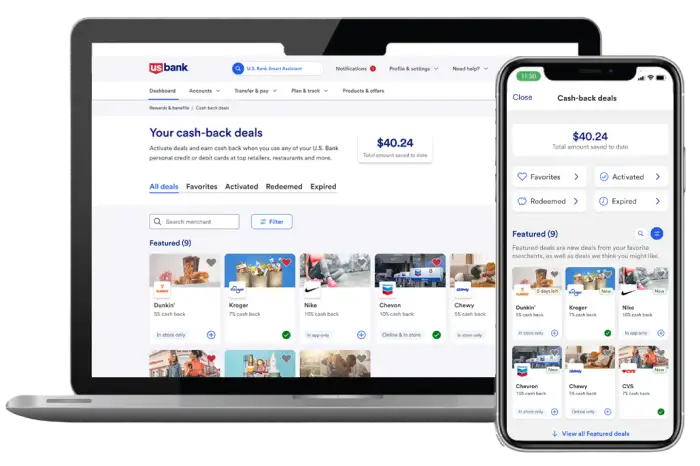 Activate cash back deals view in the U.S. Bank Mobile app and online banking