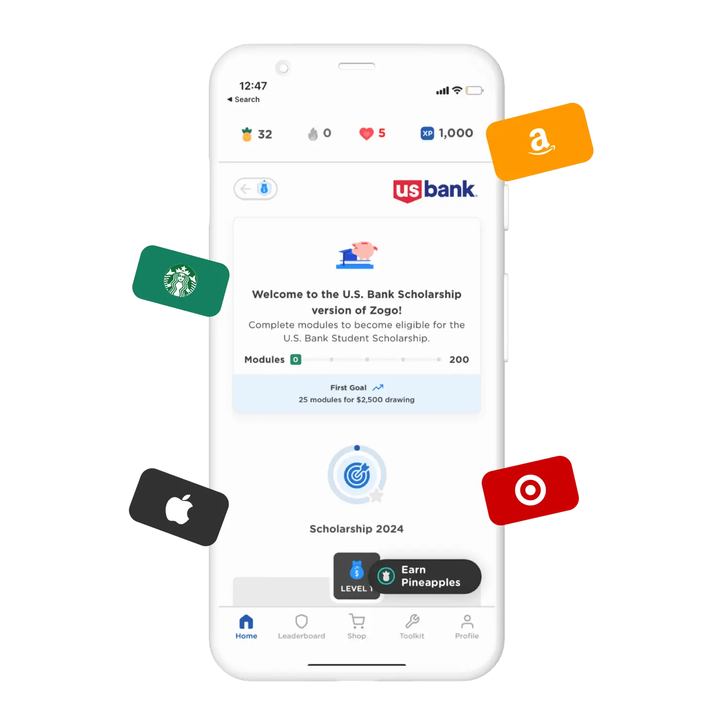 The U.S. Bank Scholarship version of the Zogo app on a mobile phone, surrounded by retailer gift cards from Starbucks, Amazon, Apple and Target.