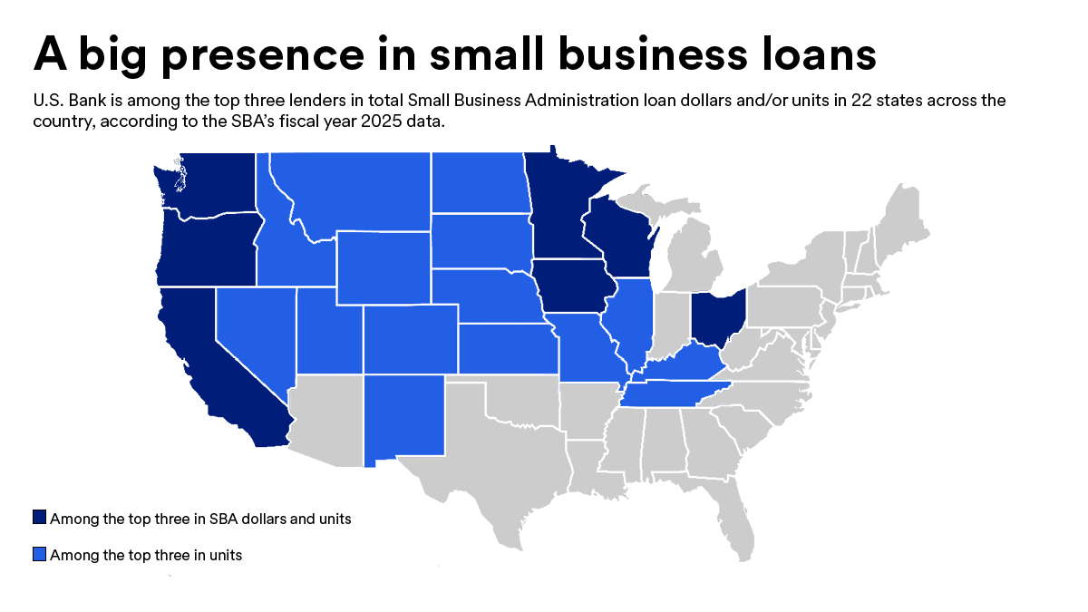 Graphic showing a United States map highlighting the 22 states where U.S. Bank is among the top three SBA lenders based on fiscal year 2024 data.