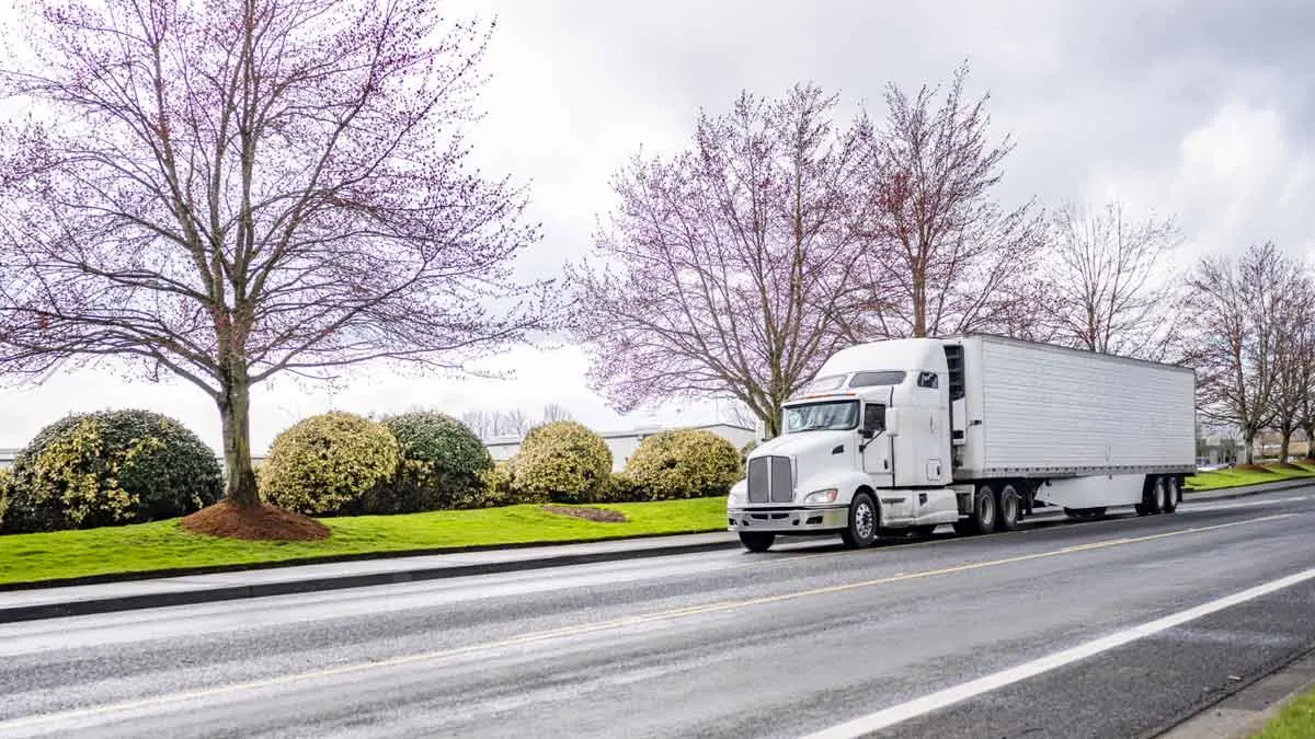 Photo of a semi truck driving along a road lined with springtime tree blossoms