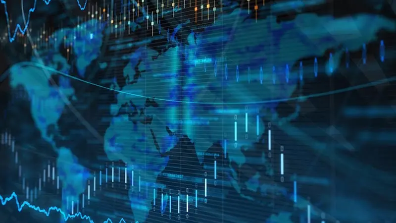 Map of the world with a stock chart overlayed on top