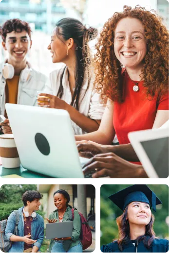 Collage of images: Female student working on a laptop next to other students; Two students looking at a laptop; female student in a graduate cap and gown