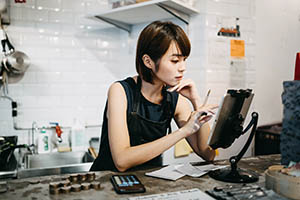 Smiling woman, banking with mobile