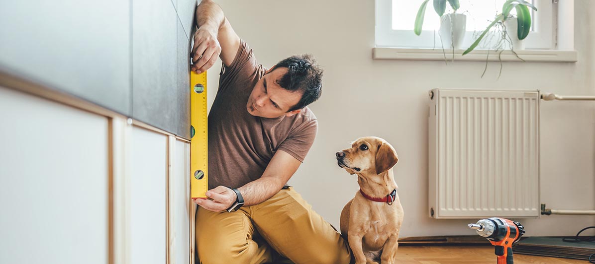 Hombre y perro haciendo mejoras en el hogar