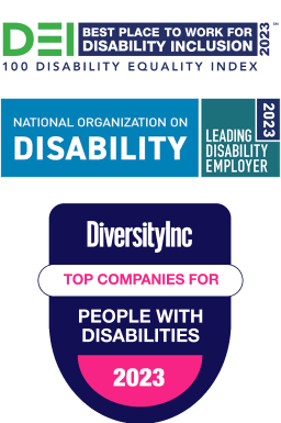 Awards of recognition for U.S. Bank in 2023. Best Place to Work for Disability Inclusion from 100 Disability Equality Index; Leading Disability Employer from National Organization on Disability; and Top Companies for People with Disabilities from DiversityInc.”