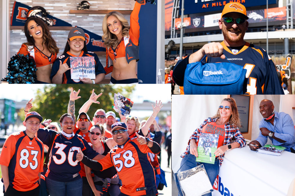 A collage of images from a U.S. Bank event at a Denver Broncos football game.