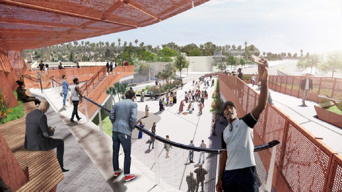 An artistic rendering of the future Sankofa Park, which will anchor a new public art and infrastructure project in the Crenshaw neighborhood of Los Angeles.