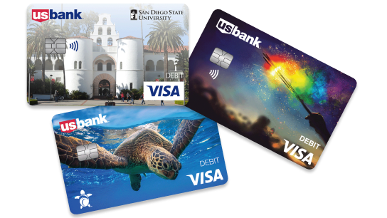 U.S. Bank debit card designs; Pride, eco-friendly and collegiate themes.