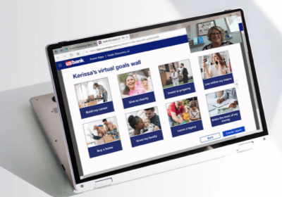 laptop with U. S. Bank virtual goals wall page opened