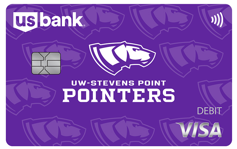 University of Wisconsin-Stevens Point - Purple card with repeated images of the UW-Stevens Point mascot in light purple, and one centered image of the mascot in white.