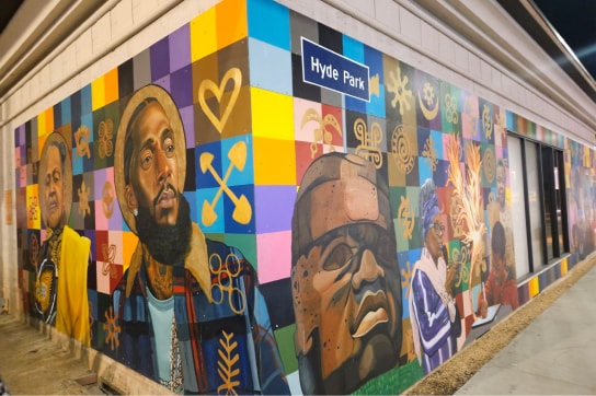 Colorful mural painted on the side of the U.S. Bank Slauson and Crenshaw branch in South Los Angeles
