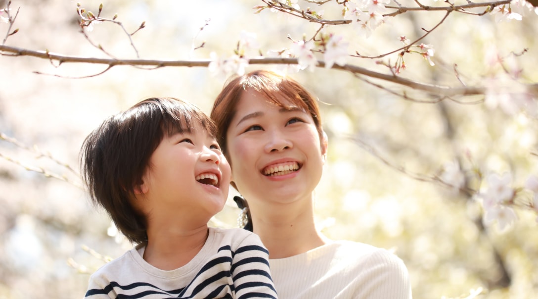 A Japanese mother and child enjoying the cherry blossoms that arch over their heads