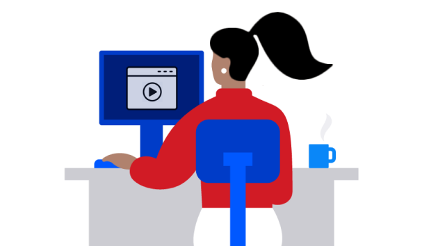 Illustrated woman using a desktop computer.