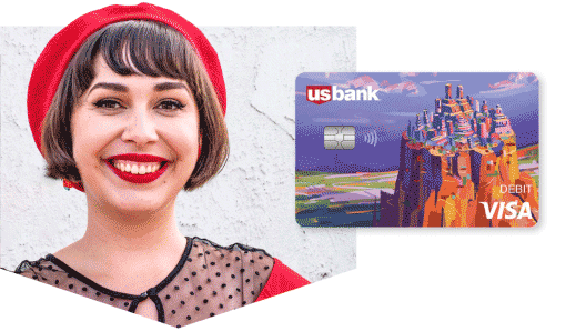 Visual of artist Flora Rees-Arredondo holding her U.S. Bank Nuestra Herencia debit card design. A brightly-colored city inspired by Aztec and Mayan mythology sits atop a mountain, surrounded by pink-and-blue clouds.