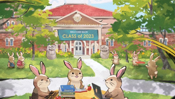 Back-to-school time for the rabbits. They gather at a table to study, play Frisbee on the lawn and walk with backpacks. August artwork from the 2023 Year of the Rabbit U.S. Bank calendar.