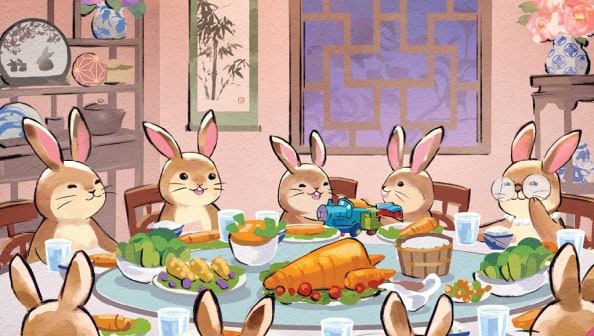 A family with young and old rabbits sitting around a table filled with food. November artwork from the 2023 Year of the Rabbit U.S. Bank calendar.