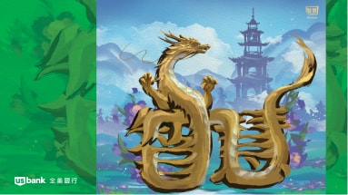 Pagoda tower that’s symbolic for enlightenment, iris flowers and a gold dragon with its body in the Chinese character shape of wisdom. March artwork from the 2024 Year of the Dragon U.S. Bank calendar.