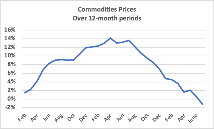Chart depicts commodities price changes as a percentage from January 2021 – June 2023.